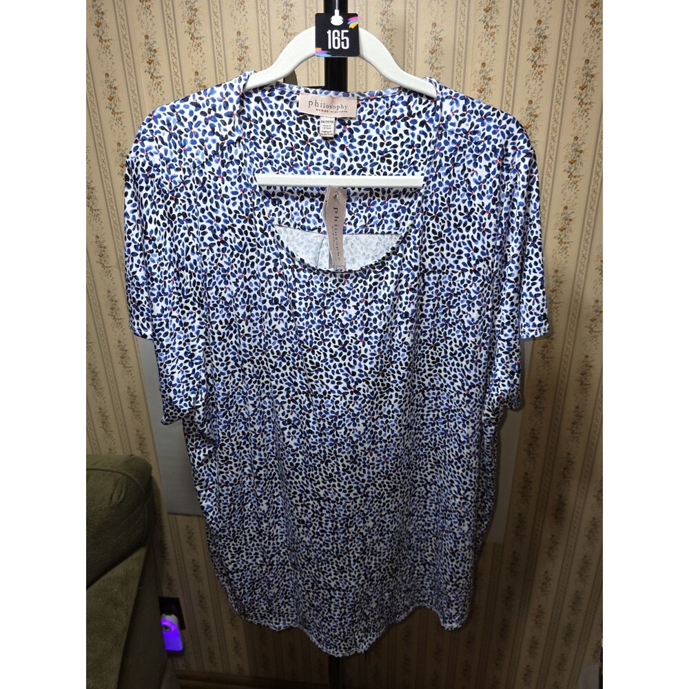 Philosophy Women 3X Blouse NWT Blue Black Abstract Print Short Sleeve Plus Size